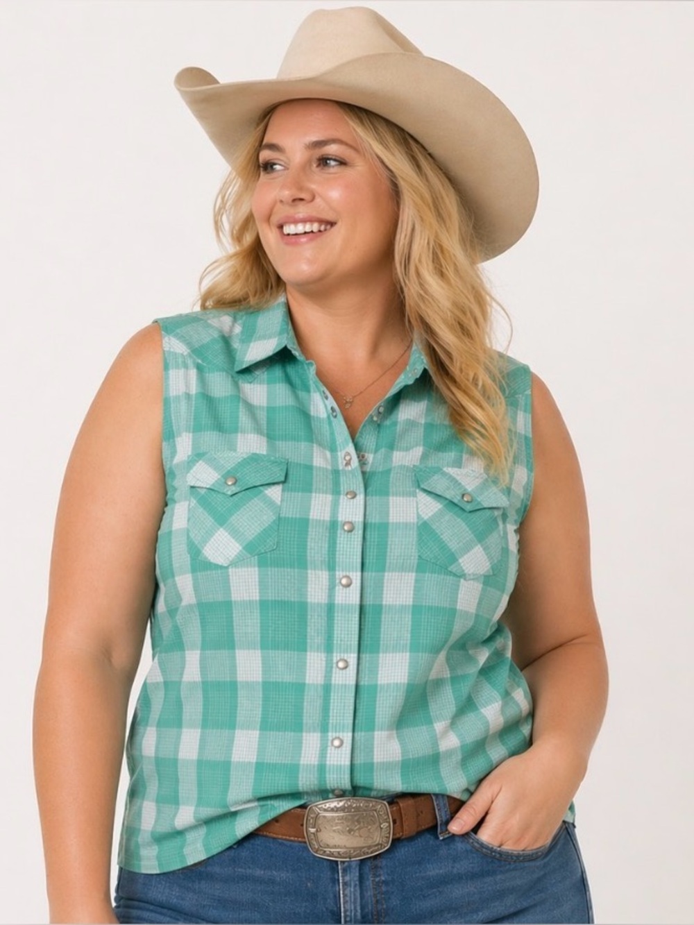 NWT Wrangler snap up sleeveless shirt, women’s XL. Green/white plaid.